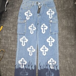 Stylish Blue Jeans with Cross Design